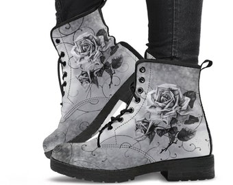 Combat Boots - Vintage Style Black & White Roses | Vegan Leather Lace Up Boots, Handmade Lace Up Boots, Women's Boots, Custom Shoes