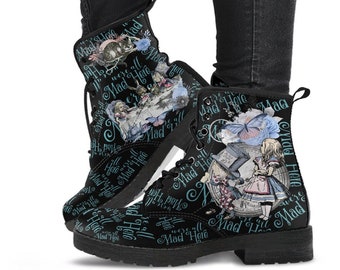 Combat Boots - Alice in Wonderland Gifts #106 Blue Series | Birthday Gifts, Gift Idea, Women's Boots, Handmade Lace Up Boots, Custom Shoes