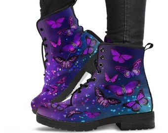 Combat Boots - Butterfly Shoes #104 Purple, Custom Shoes, Women's Boots, Aesthetic Shoes, Boho Shoes, Vintage Style Shoes, Sorority Shoes