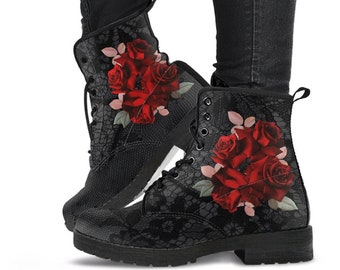 Combat Boots - Beautiful Red Roses #101 | Boho Shoes, Handmade Lace Up Boots, Vegan Leather Lace Up Boots Women, Custom Shoes