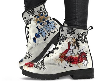 Combat Boots - Alice in Wonderland Gifts #101 Blue & Red Series, Birthday Gifts, Gift Idea, Women's Boots, Custom Shoes, Aesthetic Shoes