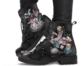 Combat Boots - Alice in Wonderland Gifts #45 Colorful Series | Women's Black Hipster Boots, Cute Vegan Leather Lace Up Boots, Custom Shoes