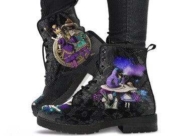 Black Combat Boots - Alice in Wonderland Gifts #23 Purple Series, Black Lace Print | Birthday Gifts, Gift Idea, Women's Black Hipster Boots