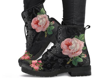 Combat Boots - Vintage Style Flowers #103 | Boho Shoes, Handmade Lace Up Boots, Vegan Leather Lace Up Boots Women