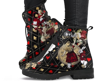 Alice in Wonderland Combat Boots #32 Red Series | Black Lace Print | Birthday Gift Idea, Women's Black Hipster Boots, Custom Shoes