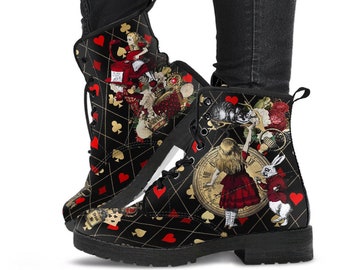 Alice in Wonderland Combat Boots #32 Red Series | Black Lace Print | Birthday Gift Idea, Women's Black Hipster Boots, Custom Shoes