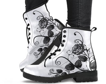 White Combat Boots - Gray Roses | Boho Shoes, Handmade Lace Up Boots, Vegan Leather Lace Up Boots Women, White Boots Women