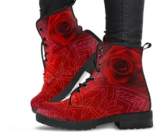 Combat Boots - Red Mandala | Handmade Lace Up Boots, Vegan Leather Lace Up Boots Women, Aesthetic Shoes, Sorority Shoes, Women's Boots