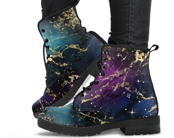 Combat Boots - Watercolor Marble Galaxy #1 | Custom Shoes, Cool Shoes, Vegan Leather Shoes, 90s Hippie Boots, Green and Purple Galaxy Shoes