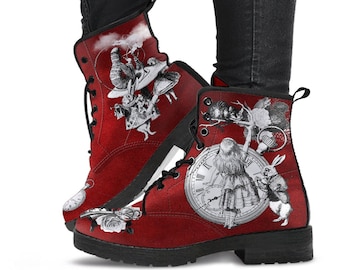 Combat Boots - Alice in Wonderland Gifts #61 Classic Series | Birthday Gifts, Gift Idea, Women's Boots, Custom Shoes, Vegan Shoes, Red Boots