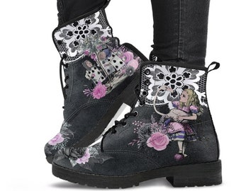 Alice in Wonderland Combat Boots #101 Lilac Series | Vegan Leather Handmade Lace Up Boots, Birthday Custom Shoes, Aesthetic Purple