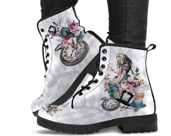 Combat Boots - Alice in Wonderland Gifts #41 Colorful Series | White Boots, Handmade Lace Up Boots, Women's Boots, Custom Shoes