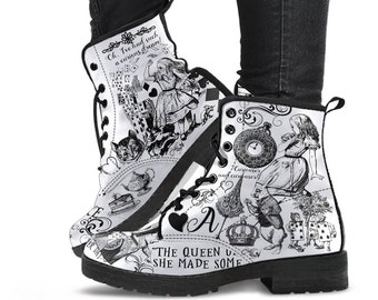 Combat Boots-Alice in Wonderland Gifts #101 Black and White Series, Gift Idea, Women's Boots, Cool Shoes, Vegan Shoes, Vegan Leather