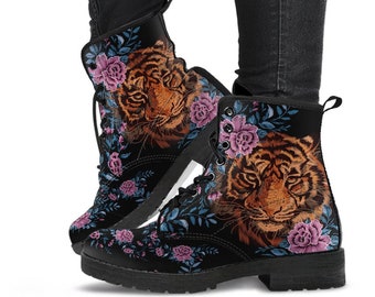 Combat Boots - Tiger & Flowers #2 | Women's Black Hipster Boots, Vegan Leather Lace Up Boots, Handmade Lace Up Boots, Women's Boots