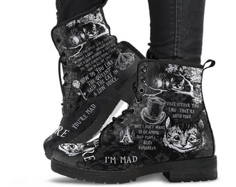 Combat Boots-Alice in Wonderland Gifts #102 Black and White Series, Cheshire Cat, Gift Idea, Women's Boots, Vegan Shoes, Vegan Leather