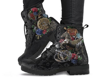 Combat Boots - Steampunk Inspired Design #11 with Black Lace Print | Women's Boots, Handmade Lace Up Boots, Custom Shoes