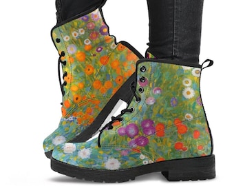 Combat Boots - Vintage Art | Gustav Klimt: Bauerngarten | Custom Shoes, Vegan Leather Lace Up Boots, 90s Boots, 2000s Boots, Cool Shoes