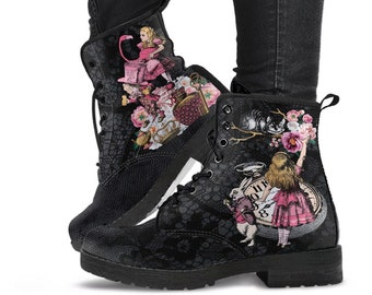 Alice in Wonderland Combat Boots #102 Pink Series | Birthday Gifts, Gift Idea, Women's Boots, Custom Shoes, Aesthetic Shoes