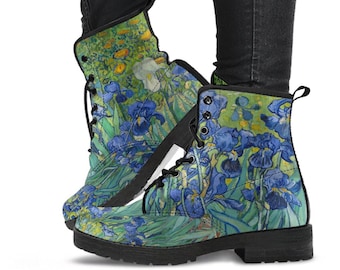 Combat Boots - Vintage Art | Vincent van Gogh: Irises | Custom Shoes, Vegan Leather Lace Up Boots, 90s Boots, 2000s Boots, Cool Shoes