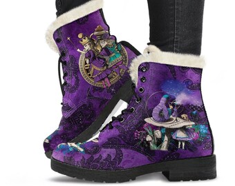 Faux Fur Combat Boots - Alice in Wonderland Gifts #21 Purple Series | Birthday Gifts, Gift Idea, Custom Boho Shoes, Aesthetic, Cute, Kawaii