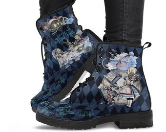 Combat Boots - Alice in Wonderland Gifts #102 Blue Series | Birthday Gifts, Gift Idea, Women's Boots, Handmade Lace Up Boots, Custom Shoes