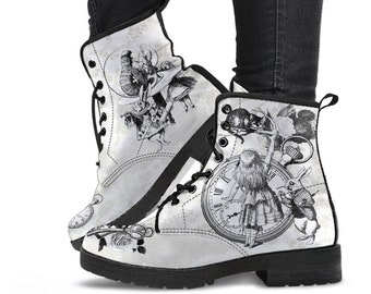 Stivali da combattimento - Stivali Alice nel Paese delle Meraviglie n. 51 Serie Classica, Stampa in pizzo bianco / Regali di compleanno, Idee regalo, Stivali da donna, Scarpe personalizzate