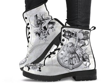 Combat Boots - Alice in Wonderland Gifts #51 Classic Series, White Lace Print | Birthday Gifts, Gift Idea, Women's Boots, Custom Shoes