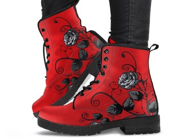Red Combat Boots - Gray Roses | Red Boots, Boho Shoes, Handmade Lace Up Boots, Vegan Leather Lace Up Boots Women, 90s Boots