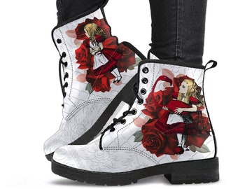 Alice in Wonderland Combat Boots #36 Red Series, Red Roses | Birthday Gift Idea, Black Hipster Boots, Custom Shoes, Cute Kawaii