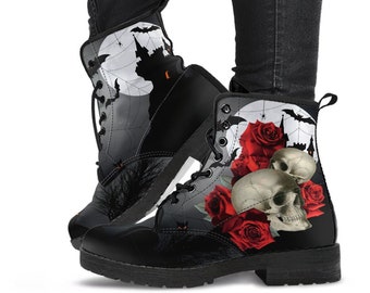 Kampfstiefel - Goth Schuhe #201 Skulls & Roses | Hexe Schuhe Lace Up, Custom Schuhe Boho, Goth Hexenstiefel, Goth Stiefel, Gothic, 1980er 2000er Jahre