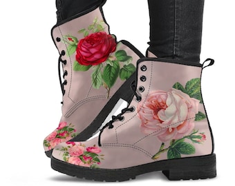 Combat Boots - Vintage Style Flowers | Boho Shoes, Handmade Lace Up Boots, Vegan Leather Lace Up Boots Women