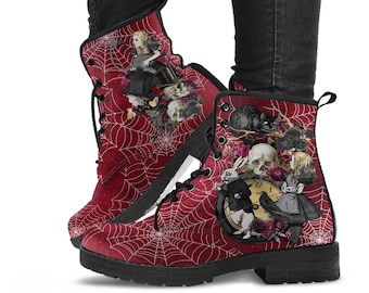 Alice in Wonderland Combat Boots #102 Goth Series | Custom Shoes, Vegan Leather Boots, 90s Women's Boots