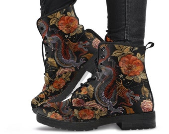 Bottes de combat - Dragon et fleurs | Chaussures bohèmes, bottines à lacets faites main, bottines à lacets en cuir végétalien, bottes des années 90, bottes des années 2000