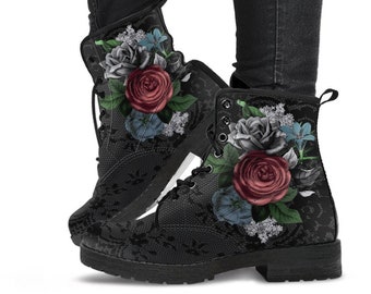 Combat Boots - Vintage Flowers with Black Lace Print | Custom Shoes, Vegan Leather Lace Up Boots Women, Women's Boots
