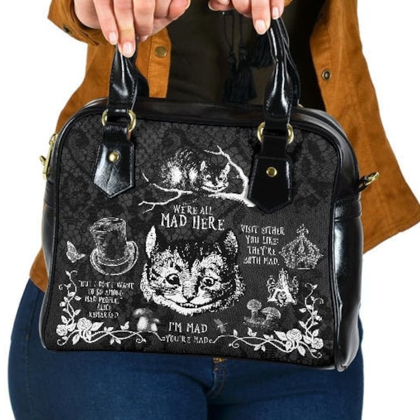 Shoulder Bag - Alice in Wonderland Gifts #102A Black and White Series, Cheshire Cat | Gift Ideas, Vegan Leather, Shoulder Bags for Women