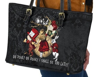 Custom Vegan Leather Tote Bag - Alice in Wonderland Gifts #34 Red Series | Cute Gift for Her, Kawaii Aesthetic Artsy Shoulder Handbag