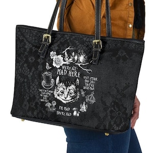 Op maat gemaakte veganistische leren draagtas - Alice in Wonderland Gifts #102 Black and White Series, Cheshire Cat | Schattige kawaii esthetische schoudertas