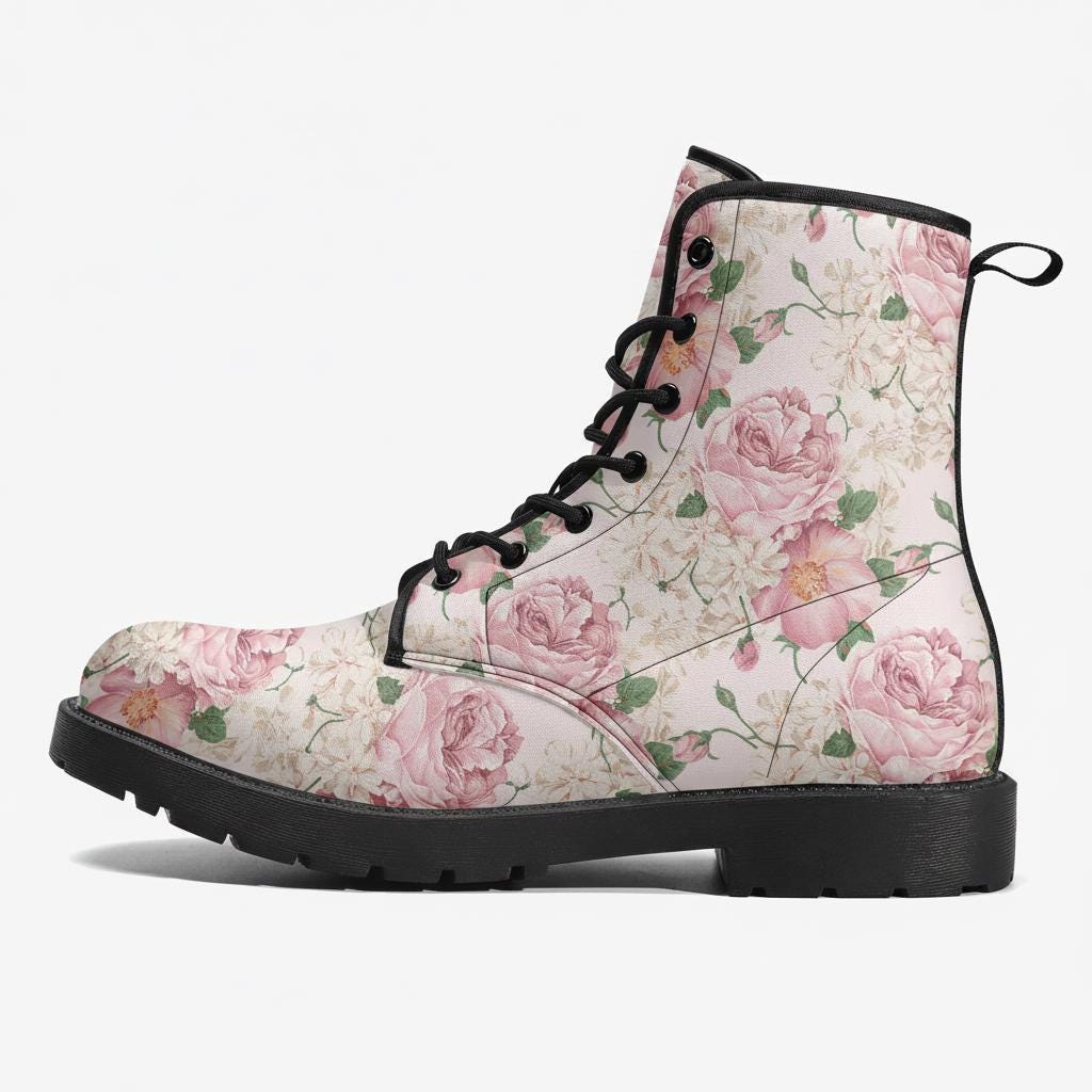 Combat Boots - Lovely Flowers #103 Pink Vegan Leather Lace Up, Birthday…