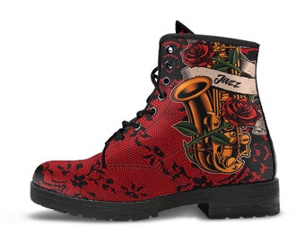 Combat Boots - Saxophone Art #12 Red | Player Mood Jazz Lovers, Custom Unisex Adult Shoes, Vegan Leather Handmade Lace Up, Music Gift