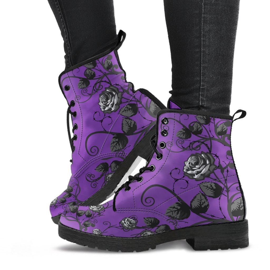 Purple Combat Boots Black Roses Purple Boots for Women Etsy