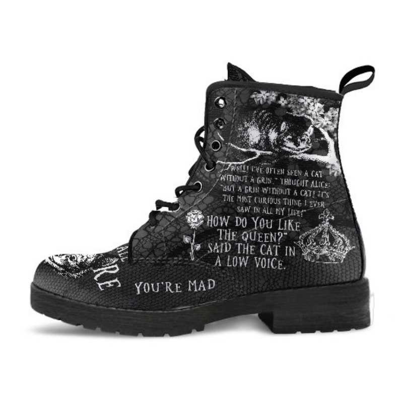 Combat Boots-Alice in Wonderland Gifts 102 Black and White Series, Cheshire Cat, Gift Idea, Women's Boots, Vegan Shoes, Vegan Leather image 6