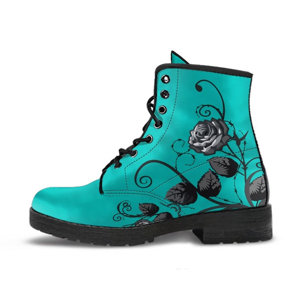 Combat Boots - Gray Roses, Turquoise Color | Unique Custom Faux Leather Shoes, Cruelty-free Vegan Handmade Lace Up Floral Boots, Flowers