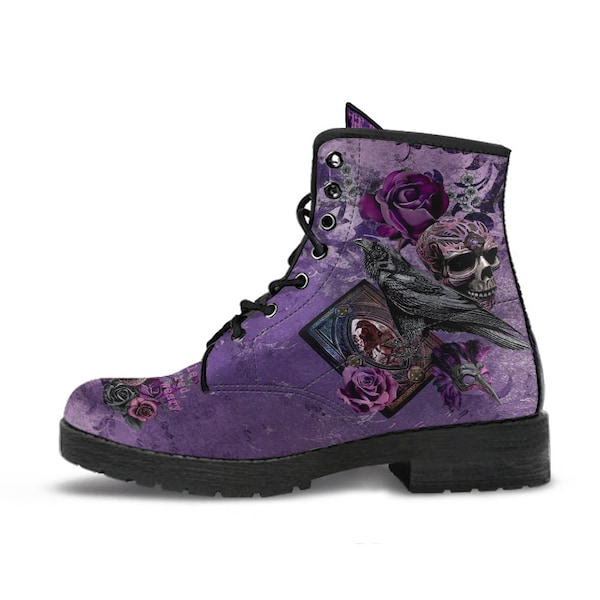 Combat Boots - Edgar Allan Poe Inspired #109 The Raven | Witch Shoes Handmade Lace Up, Custom Shoes, Goth Purple, Gothic Skull Gift