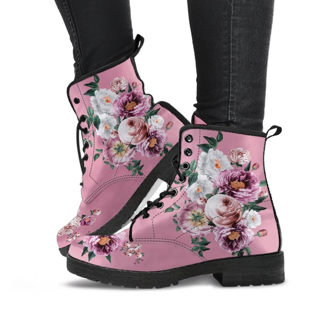 Combat Boots Pink White Flowers pink Blush Pink Flat Shoes