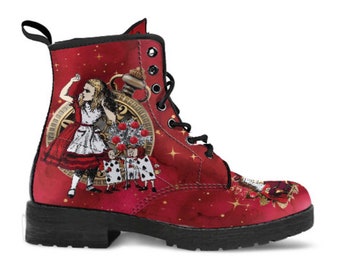 Combat Boots - Alice in Wonderland Gifts #114 Red Series, Birthday Gifts, Gift Idea, Women's Boots, Custom Shoes Boho, Aesthetic Shoes