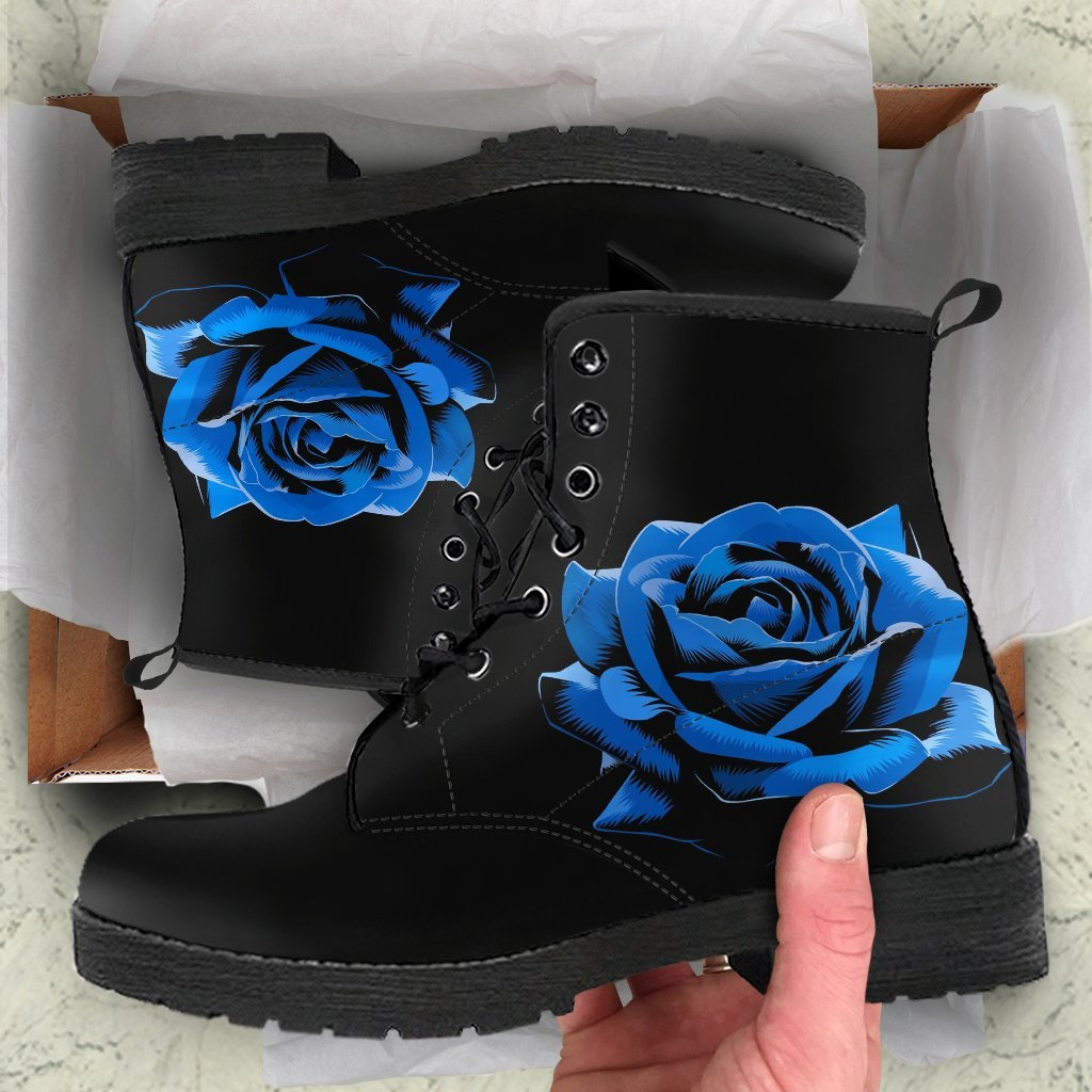 Black Combat Boots Elegant Blue Roses Women's Black - Etsy