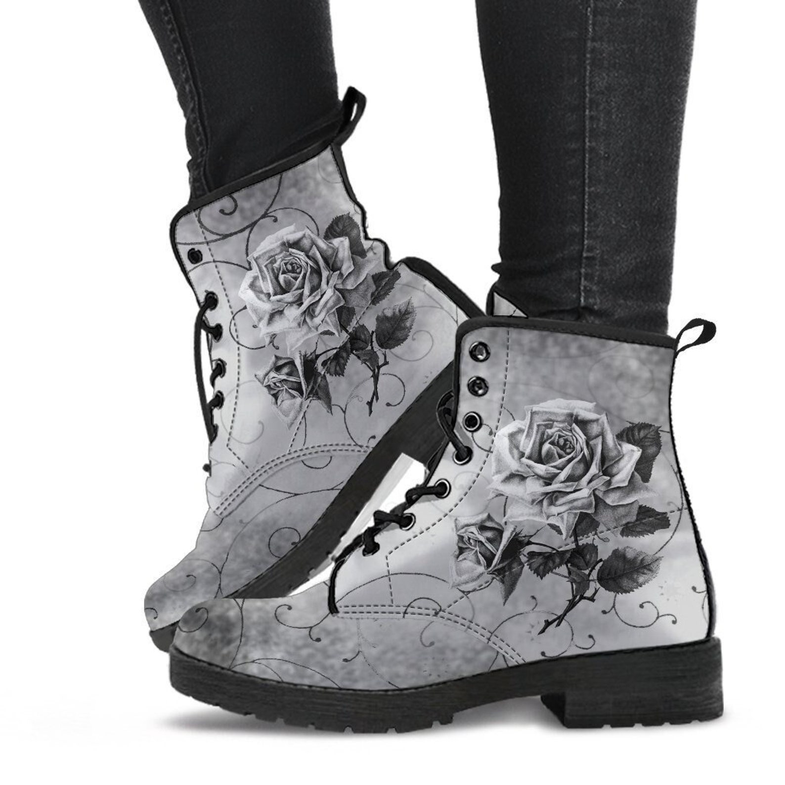 Combat Boots Vintage Style Black & White Roses Vegan | Etsy