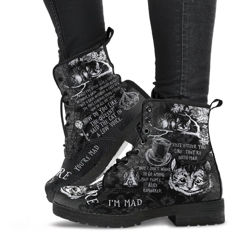 Combat Boots-Alice in Wonderland Gifts 102 Black and White Series, Cheshire Cat, Gift Idea, Women's Boots, Vegan Shoes, Vegan Leather image 1