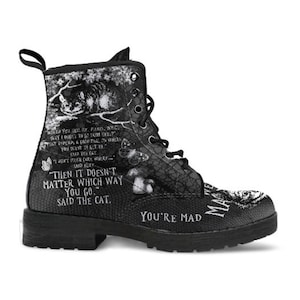 Combat Boots-Alice in Wonderland Gifts 102 Black and White Series, Cheshire Cat, Gift Idea, Women's Boots, Vegan Shoes, Vegan Leather image 5