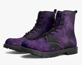 Purple Combat Boots - Galaxy | Purple Boots for Women, Vegan Leather Handmade Lace Up Boots Women, Women's Boots, Custom Shoes
